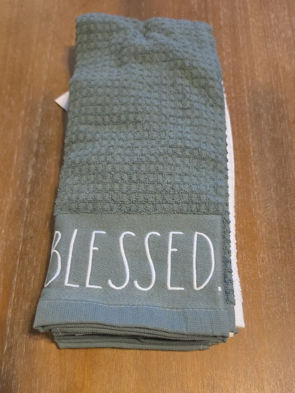 Rae Dunn Olive Green 'BLESSED' Waffle Knit Kitchen Towel Set Of 3 NWT